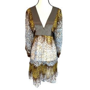 Development by Erica Davies Sheer Watercolor Deep V Neck Dress 100% Silk Size 10